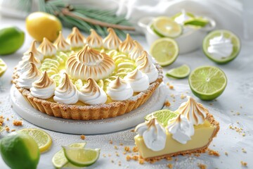Delicious key lime pie and lemon meringue tart on a beautiful white surface, Generative AI.