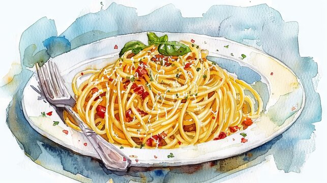 A watercolor painting of a plate of spaghetti with tomato sauce and basil.