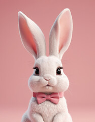 Obraz premium A 3D cartoon rabbit with long ears and a cute bow tie on a pastel pink background.