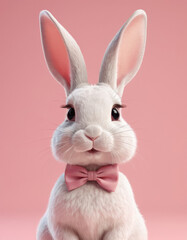 Obraz premium A 3D cartoon rabbit with long ears and a cute bow tie on a pastel pink background.