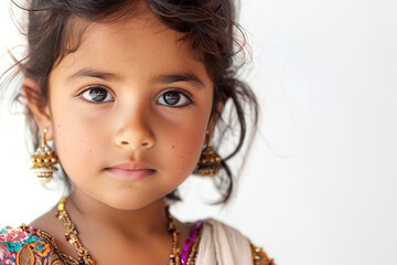 Indian Little Girl Isolated on white Background Adorable Child Smiling Happy Playful Stylish Innocent Youthful Ethnic Cultural Portrait Studio Photography Bright Cheerful Fashionable