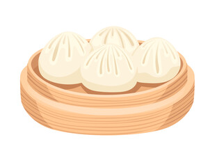 Traditional Chinese steamed pork bun Baozi on bamboo round tray vector illustration isolated on white background
