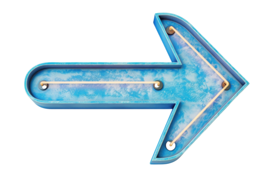Blue neon arrow sign isolated on transparent background. Retro neon light sign in the shape of an arrow pointing to the right.
