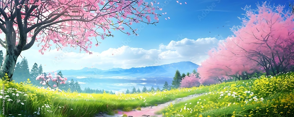 Wall mural springtime blossom festival amidst majestic mountains and lush trees under a clear blue sky with flu