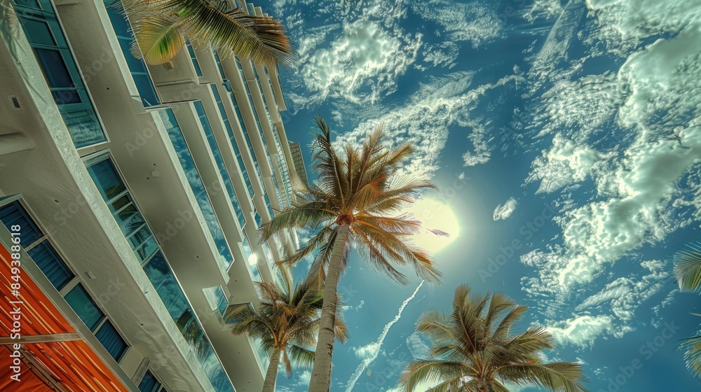 Aufkleber A view of palm trees in front of a modern building