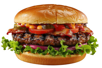Delicious gourmet burger with fresh lettuce, tomato, onions, and crispy bacon, perfect for your food and dining projects, isolated on white.