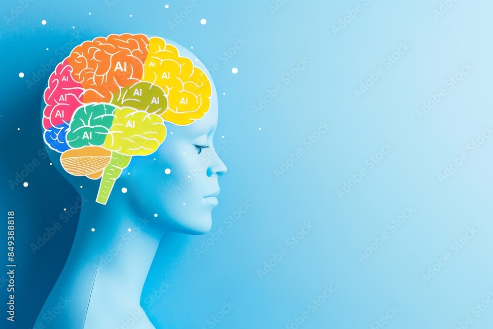 Poster artistic representation of a human head with a colorful brain, symbolizing the fusion of human intel