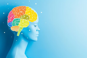Artistic representation of a human head with a colorful brain, symbolizing the fusion of human intelligence and artificial intelligence