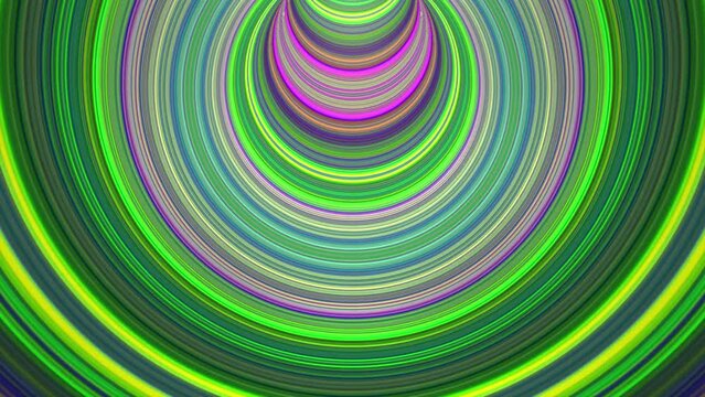Looped animation of colorful circle tunnel with acid light and psychedelic colours. Abstract trippy background with striped wormhole structure. Glowing rainbow lines pattern. Seamless vj loop 4k 60fps