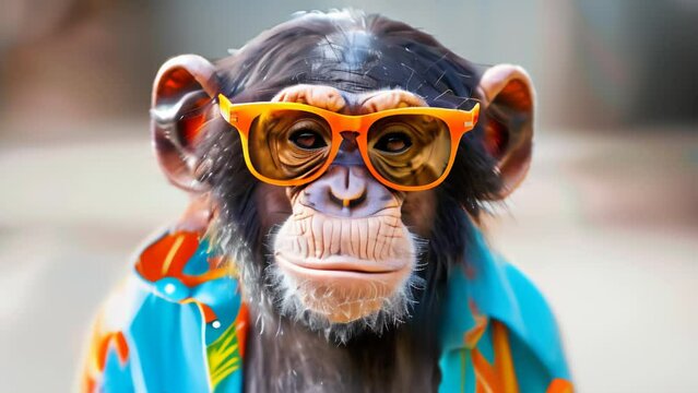 Stylish chimpanzee in orange sunglasses and colorful shirt