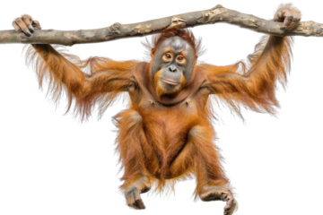 Playful orangutan hanging from a tree branch, isolated on a transparent background. Perfect for diverse wildlife and nature collections.