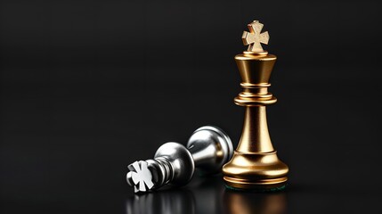 On a black background, a gold king chess piece defeats a lying down silver pawn, Generative AI.