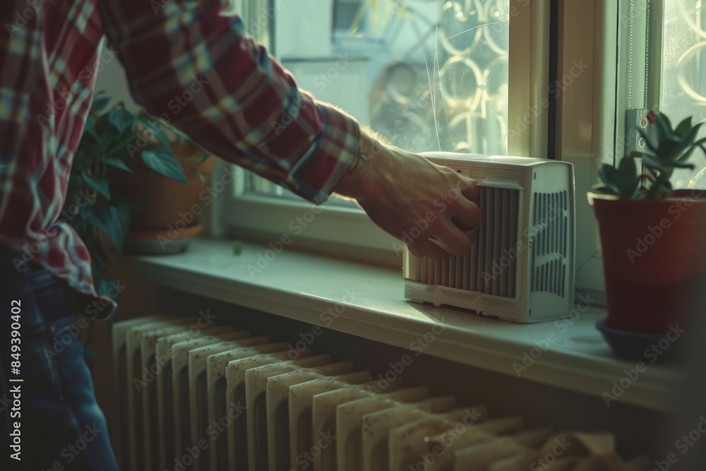 Poster A person stands next to a window with a small air conditioner unit installed, suitable for use in editorial or commercial contexts