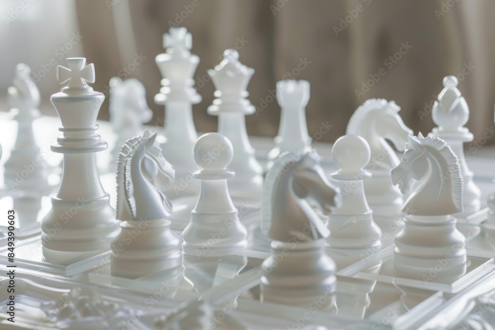 Poster Close-up view of a chessboard with multiple pieces, ideal for illustrating strategy and tactics