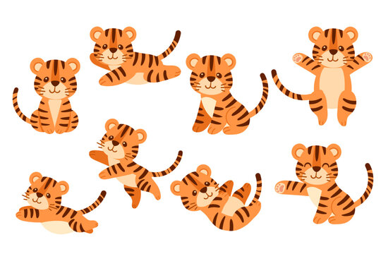 Set of cute tiger cub cartoon animal design vector illustration isolated on white background
