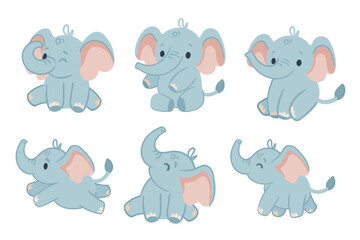 Set of cute elephant calf cartoon animal design vector illustration isolated on white background