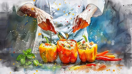 Fototapeta premium The watercolor painting shows the hands of a chef preparing bell peppers for stuffing.