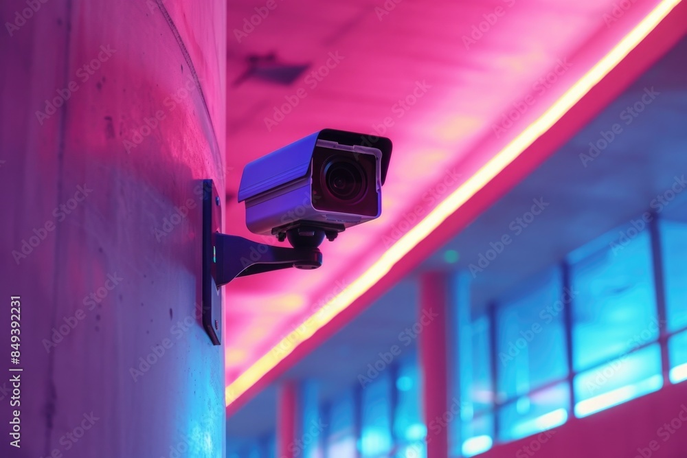 Poster a security camera mounted on the side of a building, suitable for surveillance and monitoring purpos