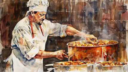 Oil painting of a chef is wearing a white toque and white uniform, he is cooking in a large pot in the kitchen.