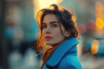 A woman wearing a blue coat looks away from the camera, her expression neutral