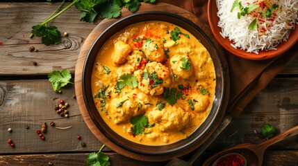 A topdown view of a bowl of Kadhi Pakora