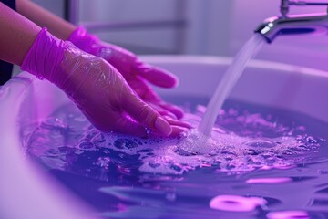 Person washing hands in a bowl of water, hygiene and cleanliness concept