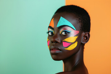 Bold Artistic Portrait of Woman with Colorful Face Paint