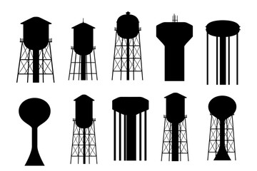 Black silhouette set of Metal water tower with oval water tank countryside water reservoir infrastructure vector illustration isolated on white background