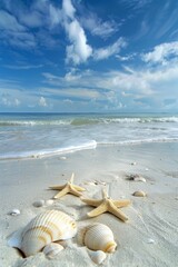 Obraz premium Photorealistic photo, white sand beach, starfish and seashells, blue sky and white clouds, sea as the background