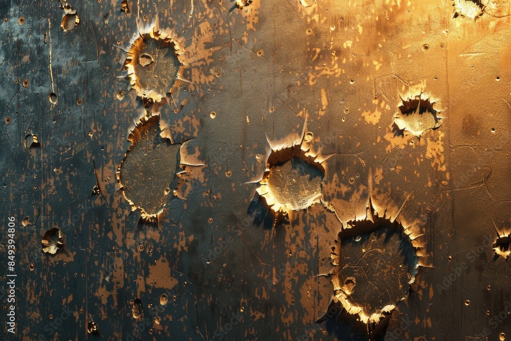 Poster a close-up of a rusted metal surface with several holes drilled into it