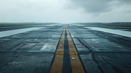 An airport runway covered in water with a yellow line marking the center, suitable for aviation and travel-related uses