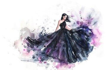 A watercolor painting of a woman wearing a black dress, simple and elegant