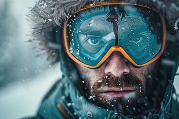 A person wearing goggles and standing in snowy environment