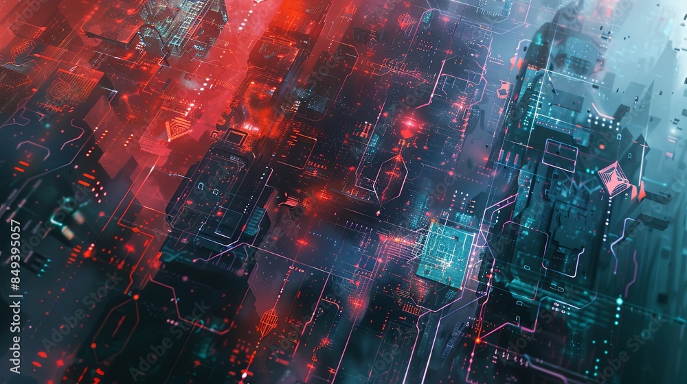 Poster A futuristic, abstract depiction of cybersecurity elements, including digital locks, shields, and network nodes, secured by advanced AI algorithms. Generative AI