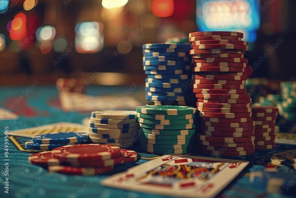 Poster a stack of poker chips resting on a tabletop, possibly for a game or as a decorative display