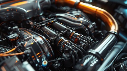 Design a close-up of a car's engine bay, showcasing the powerful machinery and engineering