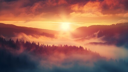 Fototapeta premium sunset over the mountains,Forest Sunrise Images,Misty mountains in the warm glow of a golden dawn,