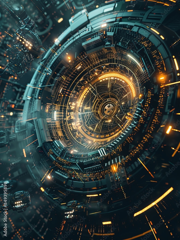 Aufkleber A stylized 3D rendering depicting an abstract cybersecurity system with digital locks, shields, and network nodes protected by AI algorithms. Generative AI
