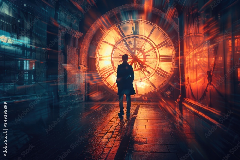 Aufkleber A person stands in front of a large clock face, providing context for time-related concepts