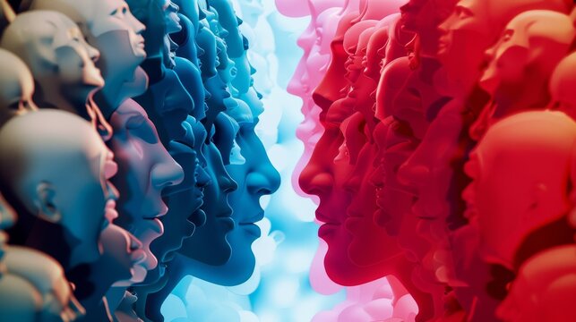 A 3D illustration depicts cultural and social divides, ideological battles, racism, and the clash between conservative and liberal politics, highlighting community psychology.