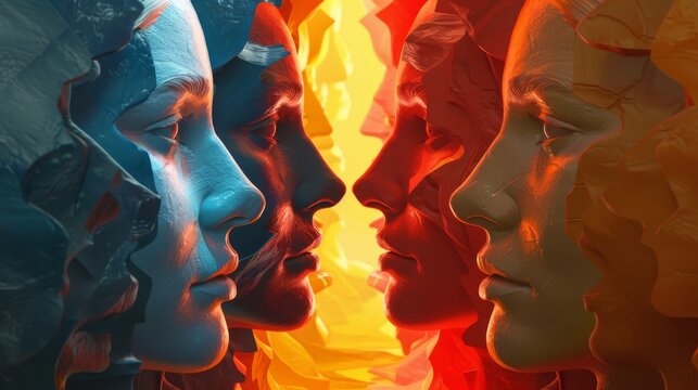 A 3D illustration depicts cultural and social divides, ideological battles, racism, and the clash between conservative and liberal politics, highlighting community psychology.