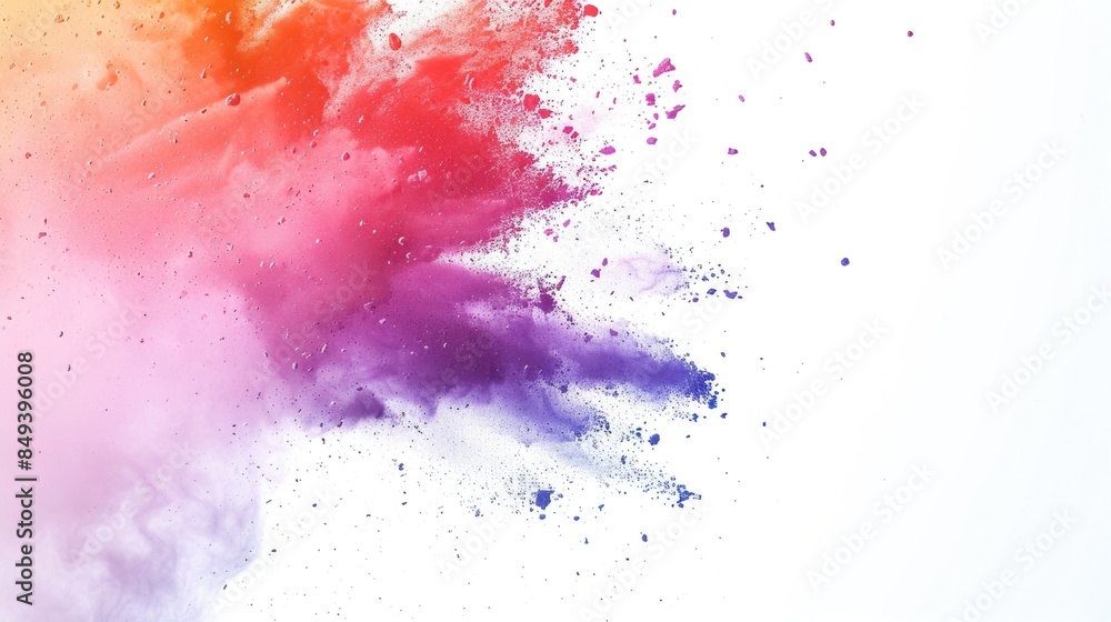 Poster a vibrant puff of colorful powder suspended in mid-air against a white background, perfect for addin