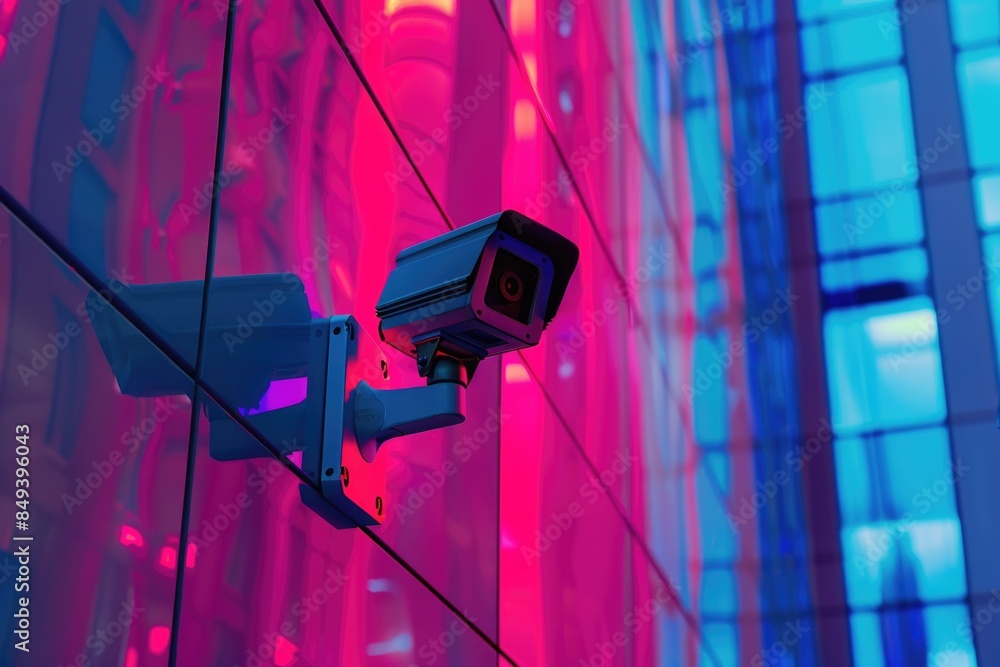 Poster A camera installed on the side of a building for surveillance or monitoring purposes