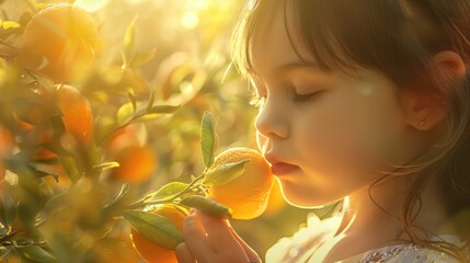 A young girl intimately engaging with the scent of a fresh citrus fruit in a sunlit grove. A young girl inhales the fresh scent of an orange amidst the warm glow of a citrus grove at sunset. AIG50