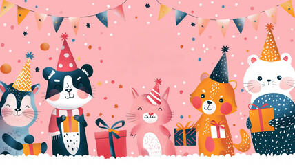 Cartoon images of animals celebrating birthdays with gift boxes.