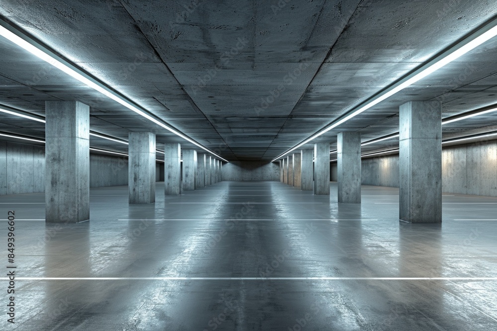 Aufkleber A large empty parking garage with concrete floors and rows of parking spaces