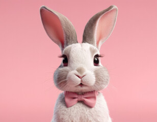 Obraz premium A 3D cartoon rabbit with long ears and a cute bow tie on a pastel pink background.