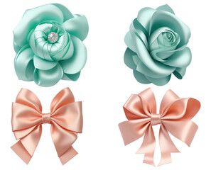 Fototapeta premium A set of two satin blue, mint flowers, two pink, peach color bows. For a hairstyle, decoration of something. Without background