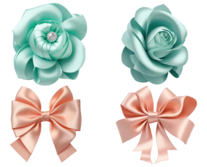 A set of two satin blue, mint flowers, two pink, peach color bows. For a hairstyle, decoration of something. Without background