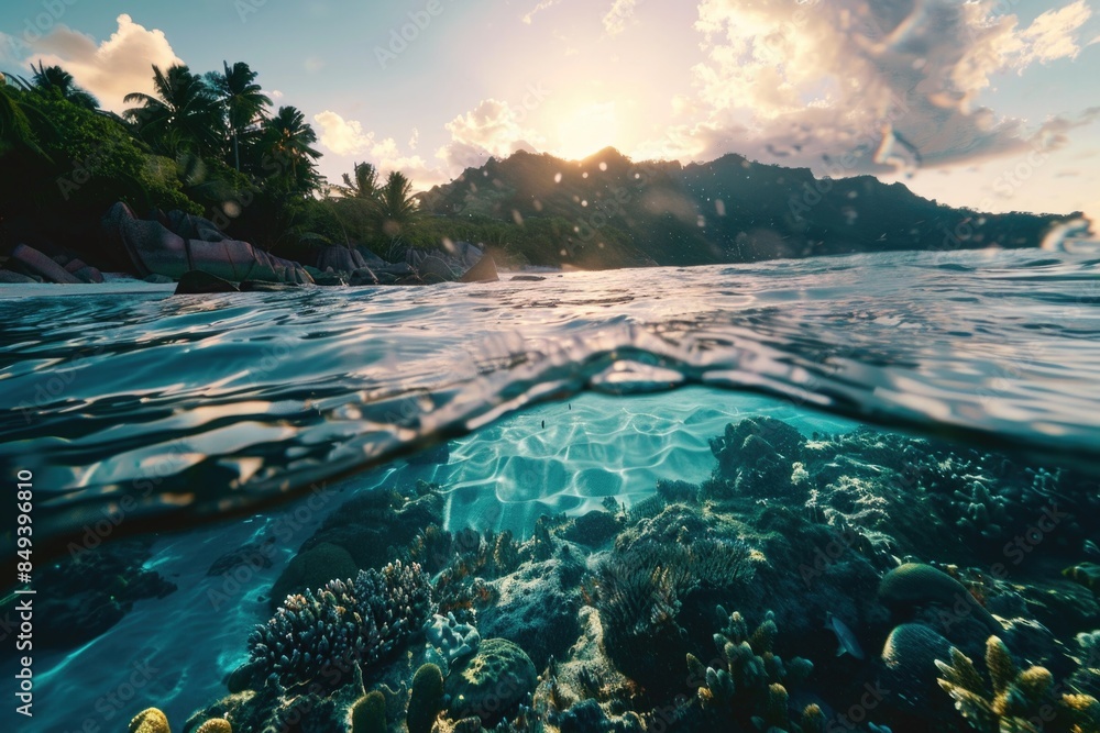 Wall mural A view of the ocean floor with marine life and underwater landscape